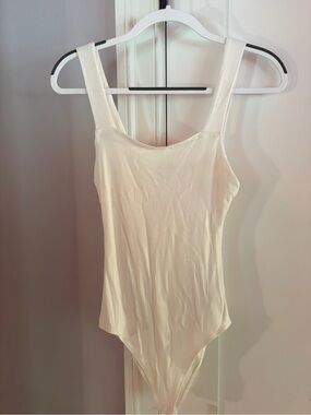 She + Sky Ribbed Cream Scoop Neck Tank Bodysuit